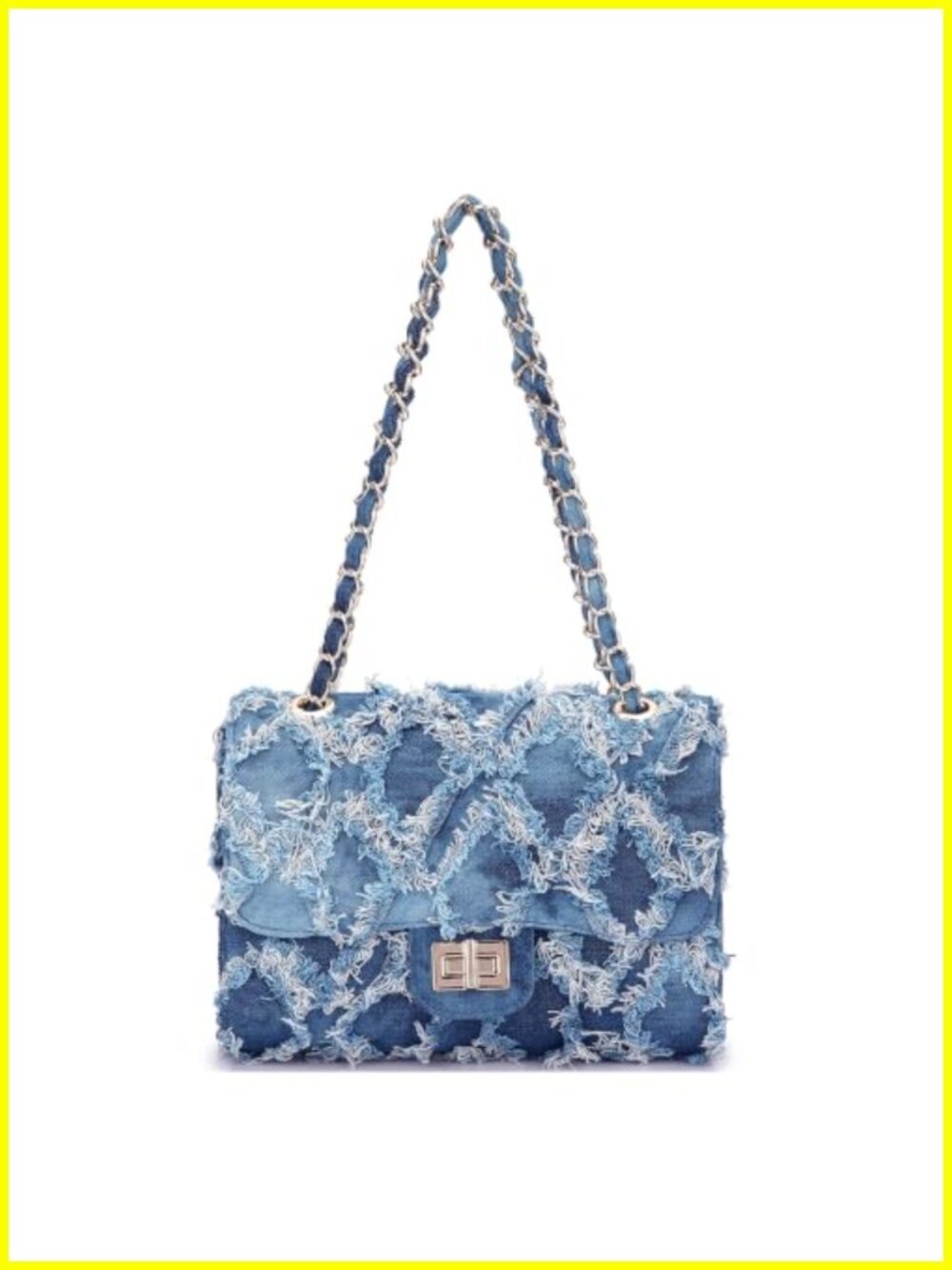 Quilted Denim Shoulder Bag with Chain Strap Twist Lock - Women's Handbag